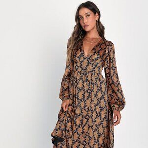 Lulus Graceful Impression Black And Orange Floral Print Midi Dress - Size S